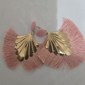 Gold and Pink Fan Tassel Earrings